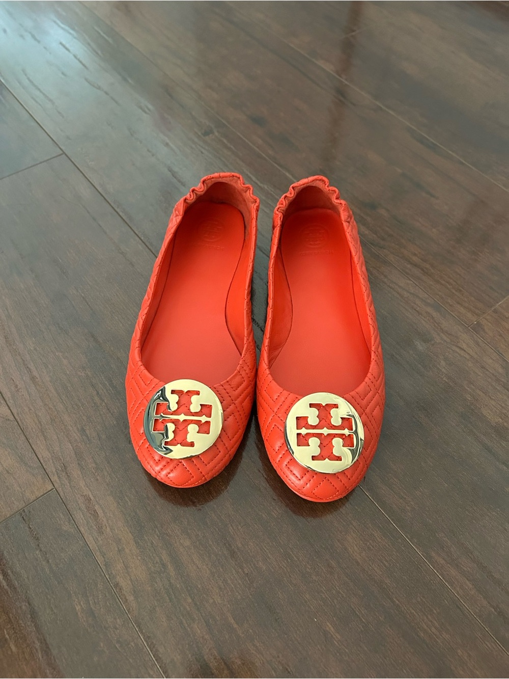 Tory Burch Coral-Orange Reva Quilted Ballet Flats